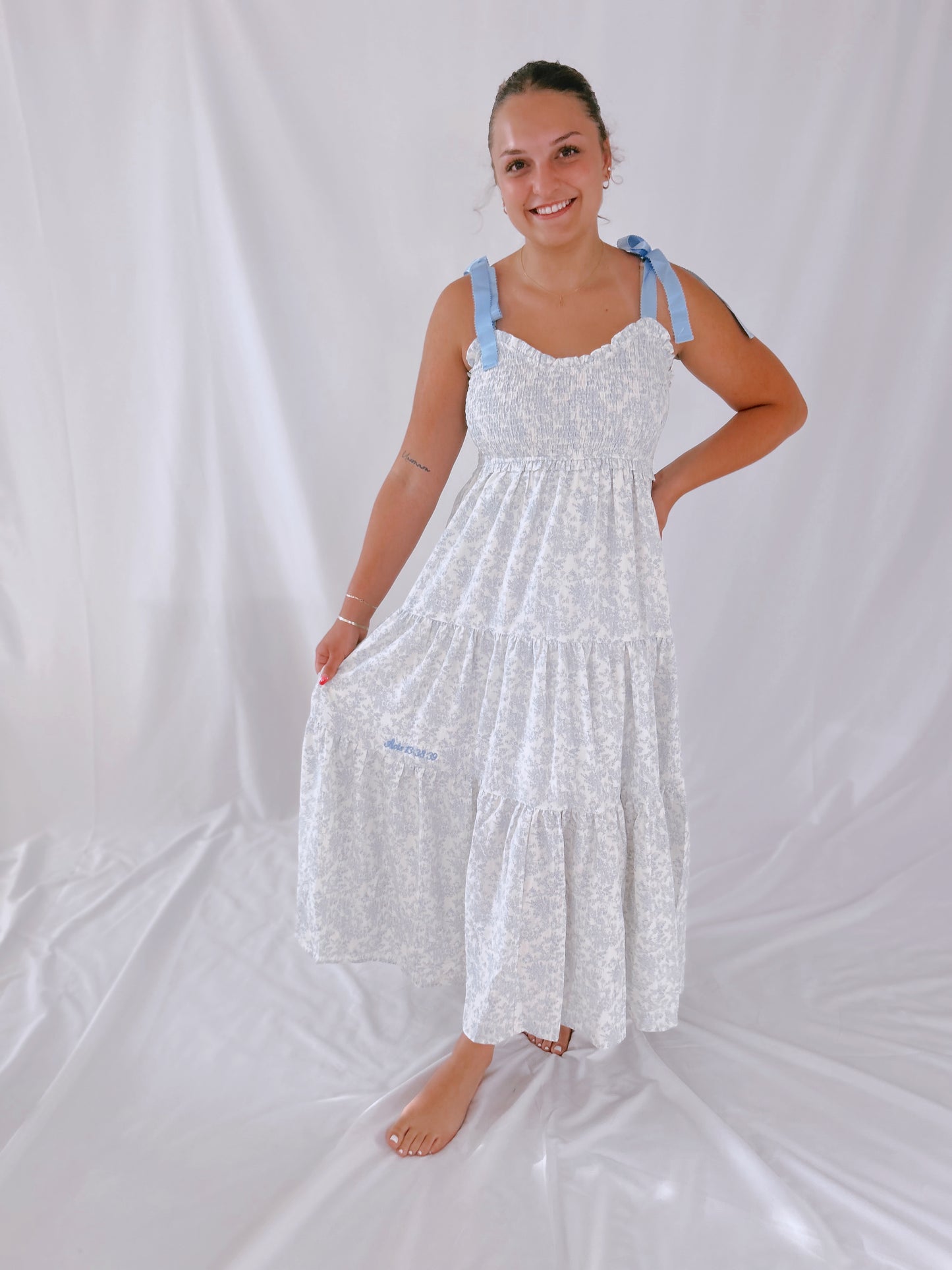 Acts 13:38-39 Cream & Blue Floral Dress