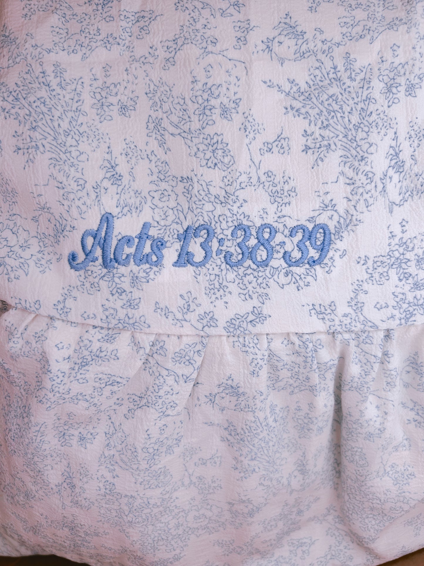 Acts 13:38-39 Cream & Blue Floral Dress