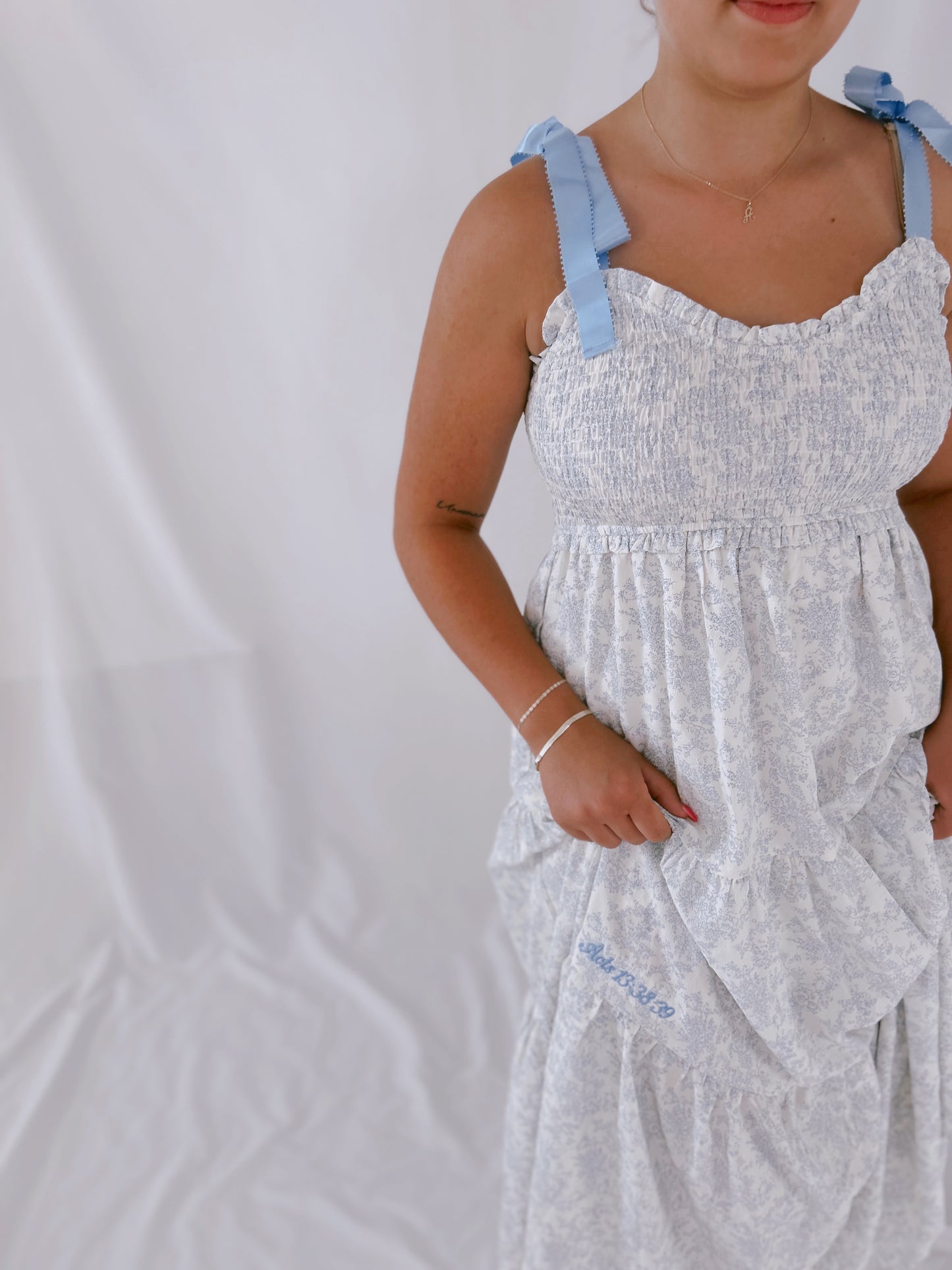 Acts 13:38-39 Cream & Blue Floral Dress