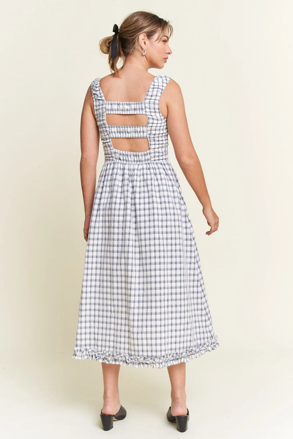 Isaiah 61:1 Navy Checkered Smocked Detail Midi Dress