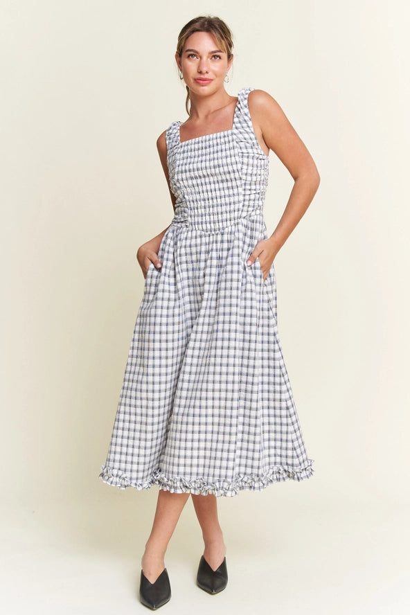 Isaiah 61:1 Navy Checkered Smocked Detail Midi Dress