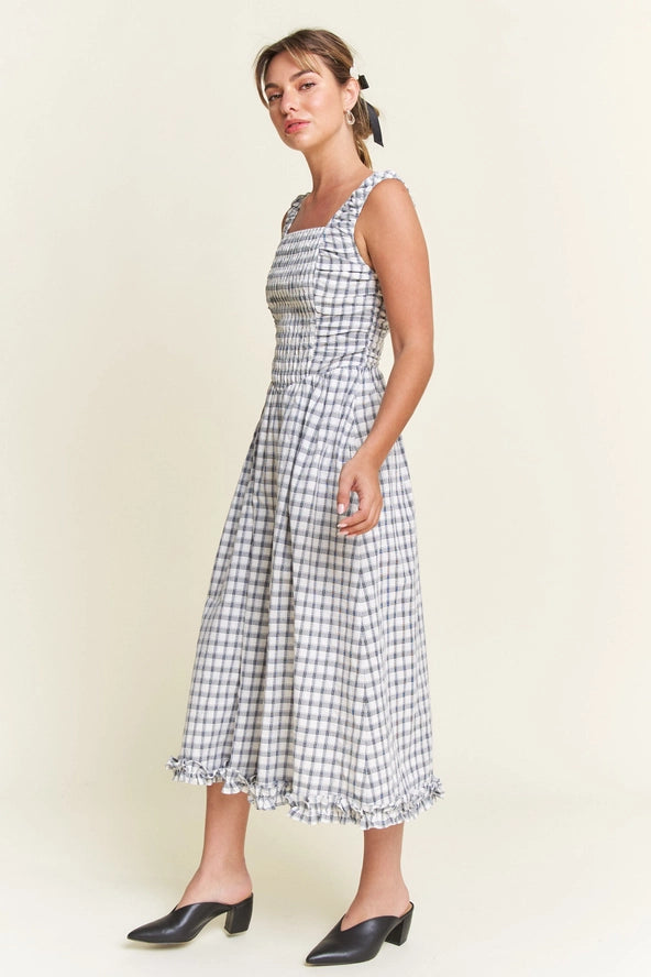 Isaiah 61:1 Navy Checkered Smocked Detail Midi Dress