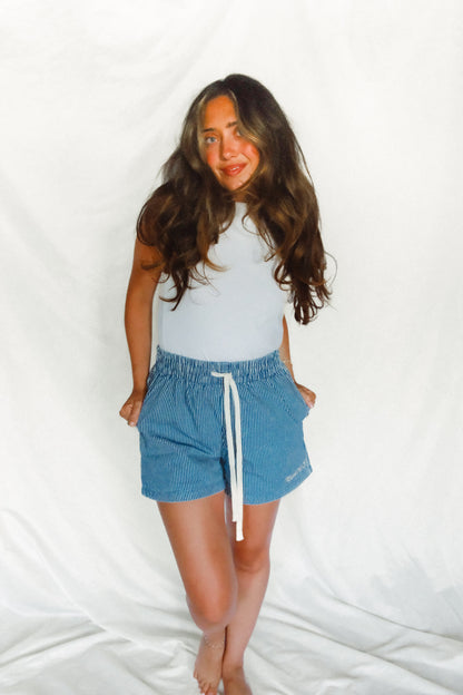 Mark 16:15 Dark Blue Stripe Drawstring Waist Denim Shorts