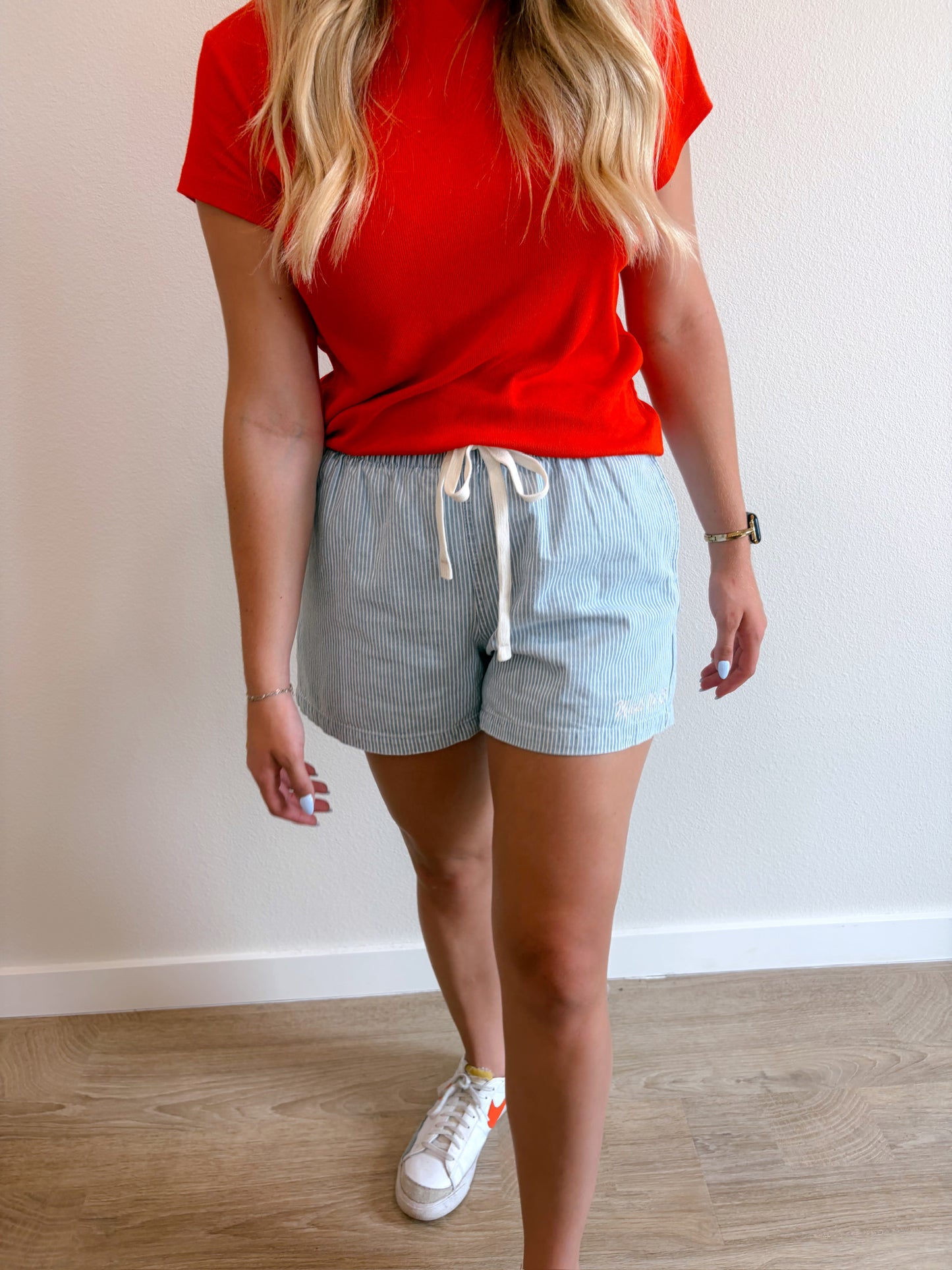 Mark 16:15 Light Blue Stripe Drawstring Waist Denim Shorts