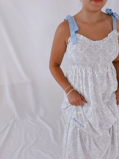 Acts 13:38-39 Cream & Blue Floral Dress