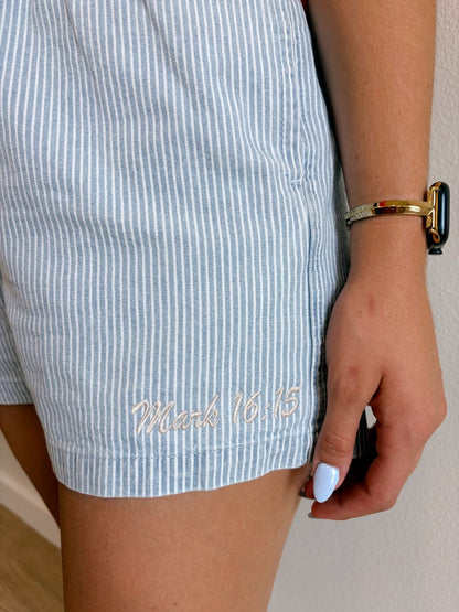 Mark 16:15 Light Blue Stripe Drawstring Waist Denim Shorts