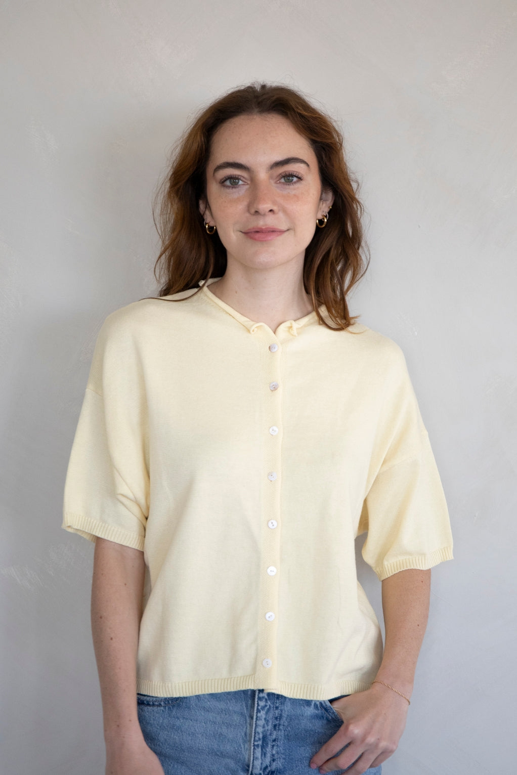 Col. 4:6 Butter Yellow short sleeve button up cardigan