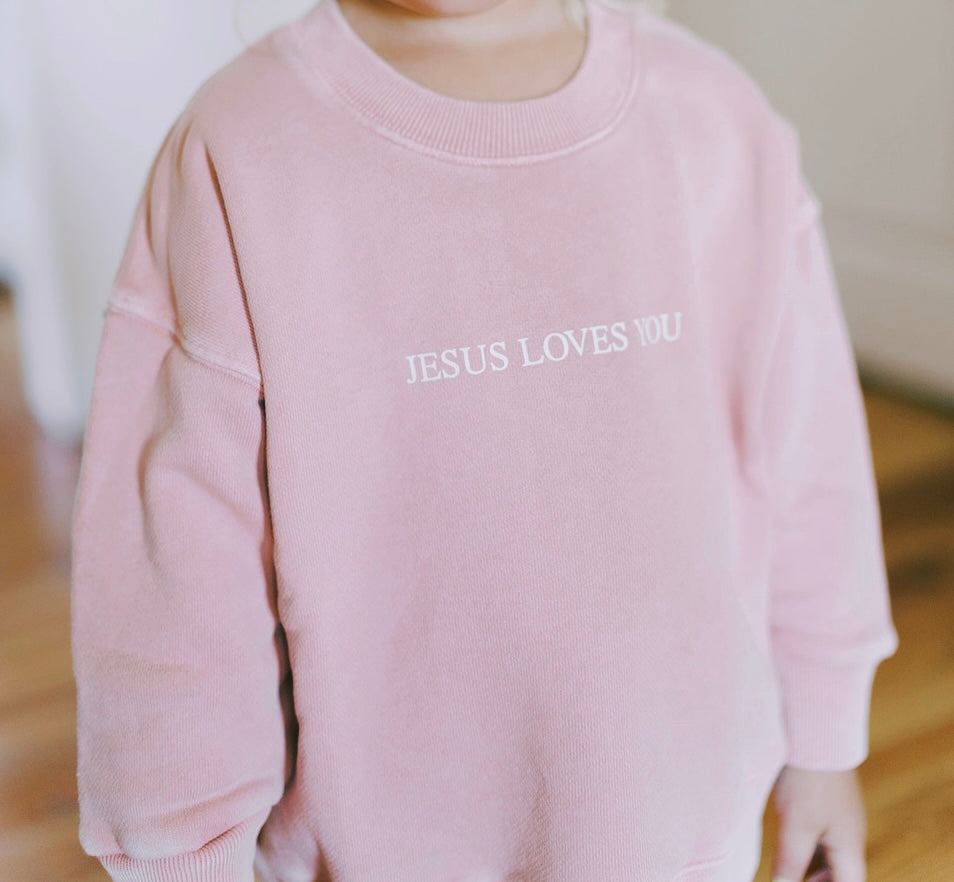 “Jesus loves me” little girl crewneck