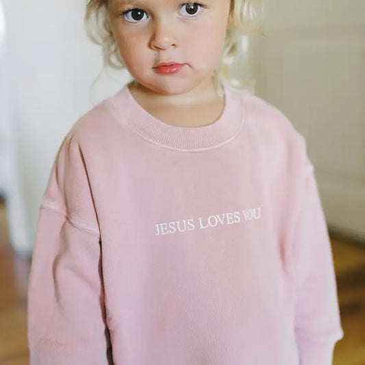 “Jesus loves me” little girl crewneck