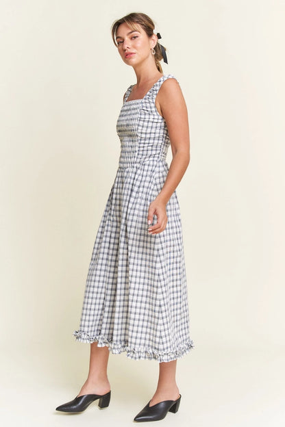 Isaiah 61:1 Navy Checkered Smocked Detail Midi Dress